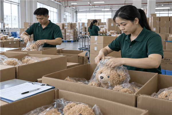 Pufza team reviewing custom plush toys during product and quality preparation