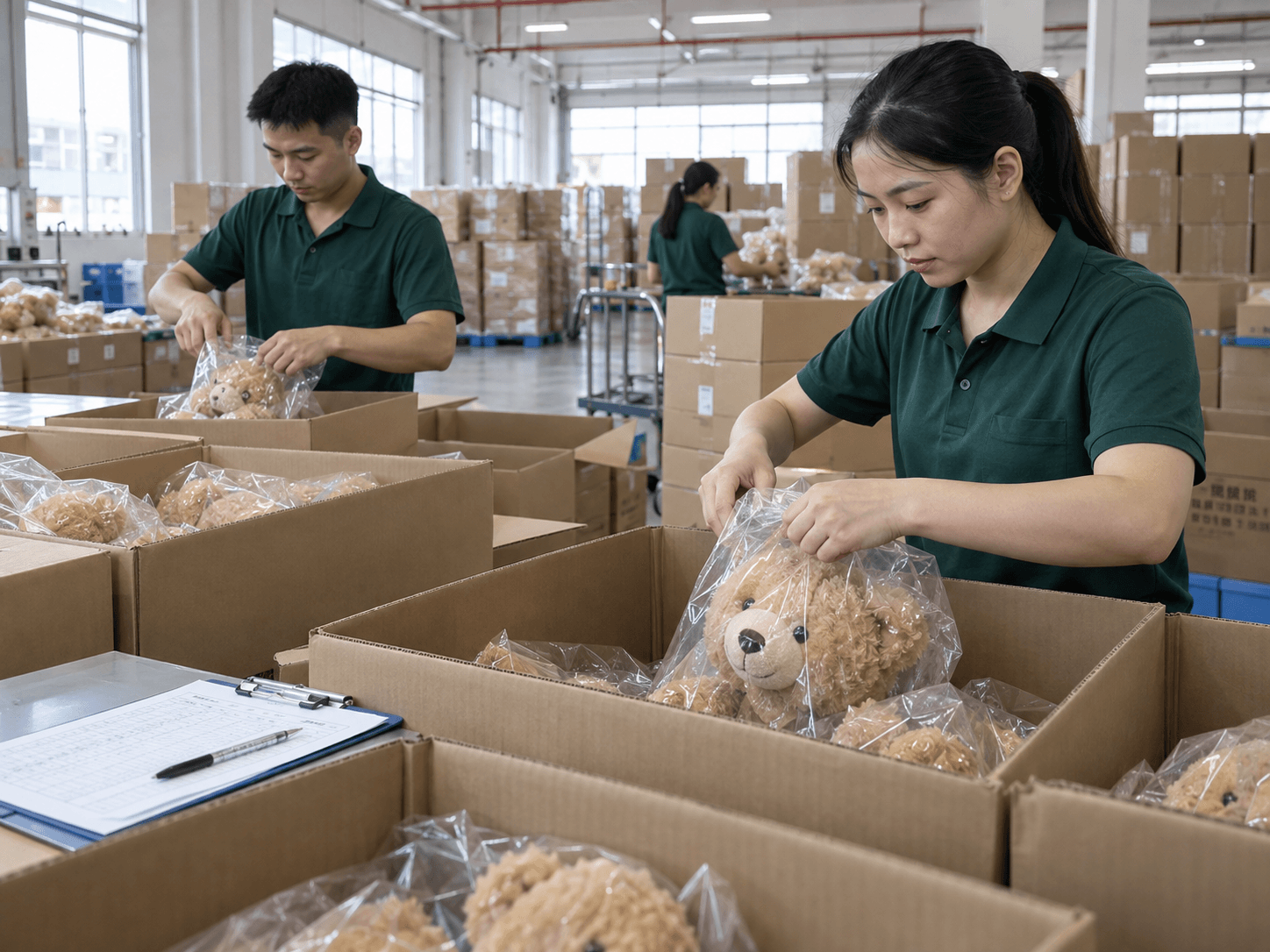 Factory team reviewing custom plush toy RFQ checklist details during production preparation