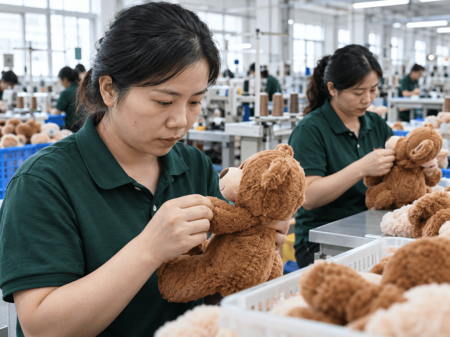 Factory inspection team reviewing plush toy workmanship